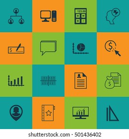 Set Of 16 Universal Editable Icons For Education, Project Management And Computer Hardware Topics. Includes Icons Such As Measurement, Pin Employee, Bank Payment And More.