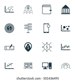 Set Of 16 Universal Editable Icons For Project Management, Business Management And Education Topics. Includes Icons Such As Money, Stock Market, Bank Payment And More.