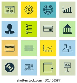 Set Of 16 Universal Editable Icons For Human Resources, Marketing And Computer Hardware Topics. Includes Icons Such As Achievement Graph, Money Recycle, Blank Cd And More.