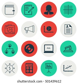 Set Of 16 Universal Editable Icons For Project Management, Human Resources And Statistics Topics. Includes Icons Such As Wallet, Paper, Board And More.