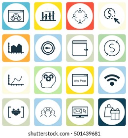 Set Of 16 Universal Editable Icons For Marketing, Business Management And Airport Topics. Includes Icons Such As Keyword Marketing, PPC, Shopping And More.