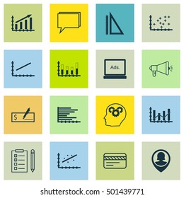 Set Of 16 Universal Editable Icons For SEO, Education And Advertising Topics. Includes Icons Such As Plot Diagram, Profit Graph, Raise Diagram And More.
