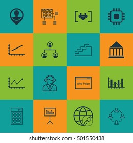 Set Of 16 Universal Editable Icons For Computer Hardware, Statistics And SEO Topics. Includes Icons Such As Changes Graph, Chip, Education Center And More.
