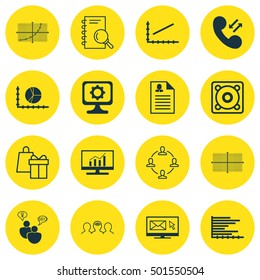 Set Of 16 Universal Editable Icons For Statistics, SEO And Project Management Topics. Includes Icons Such As Bars Chart, Music, Shopping And More.