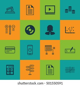 Set Of 16 Universal Editable Icons For Project Management, Statistics And Computer Hardware Topics. Includes Icons Such As Video Player, Bank Card, Credit Card And More.