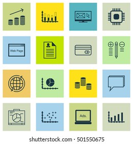 Set Of 16 Universal Editable Icons For SEO, Statistics And Computer Hardware Topics. Includes Icons Such As Chip, Website, Digital Media And More.