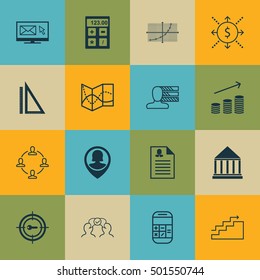 Set Of 16 Universal Editable Icons For Marketing, Advertising And Business Management Topics. Includes Icons Such As Line Up, Female Application, Education Center And More.
