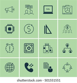 Set Of 16 Universal Editable Icons For Computer Hardware, Human Resources And Marketing Topics. Includes Icons Such As Time Management, Chip, Board And More.