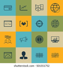 Set Of 16 Universal Editable Icons For Project Management, Advertising And Airport Topics. Includes Icons Such As Market Research, Cosinus Diagram, Questionnaire And More.