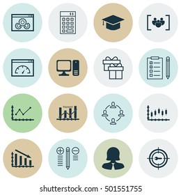 Set Of 16 Universal Editable Icons For Project Management, Airport And Education Topics. Includes Icons Such As Loading Speed, Collaboration, Business Woman And More.