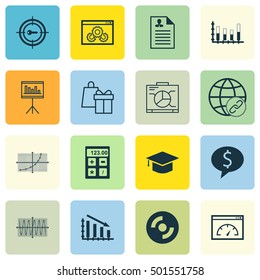 Set Of 16 Universal Editable Icons For Project Management, Education And Statistics Topics. Includes Icons Such As Line Up, Curriculum Vitae, Blank Cd And More.