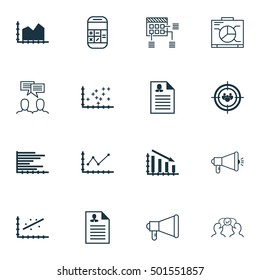 Set Of 16 Universal Editable Icons For Human Resources, Marketing And Airport Topics. Includes Icons Such As Focus Group, Changes Graph, Board And More.