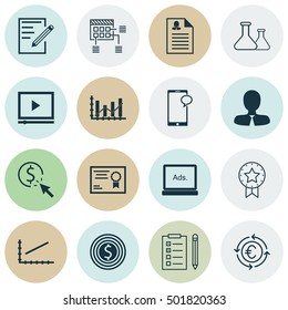 Set Of 16 Universal Editable Icons For Education, Advertising And Project Management Topics. Includes Icons Such As Manager, Female Application, Raise Diagram And More.