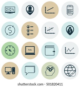 Set Of 16 Universal Editable Icons For SEO, Statistics And Management Topics. Includes Icons Such As Changes Graph, Analytics, Pin Employee And More.