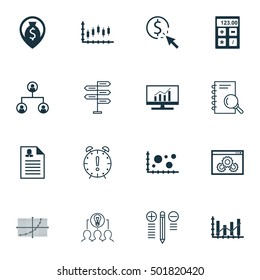 Set Of 16 Universal Editable Icons For Statistics, Business Management And Marketing Topics. Includes Icons Such As Raise Diagram, Opportunity, Money Navigation And More.