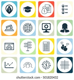 Set Of 16 Universal Editable Icons For Project Management, SEO And Airport Topics. Includes Icons Such As Business Woman, World, Investment And More.