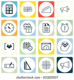 Set Of 16 Universal Editable Icons For Advertising, Management And School Topics. Includes Icons Such As Measurement, Locate, Brain Process And More.