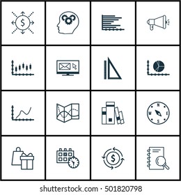 Set Of 16 Universal Editable Icons For Airport, Project Management And Advertising Topics. Includes Icons Such As Money Recycle, Brain Process, Newsletter And More.