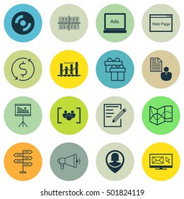 Set Of 16 Universal Editable Icons For Statistics, Computer Hardware And Transportation Topics. Includes Icons Such As Media Campaign, Questionnaire, Website And More.