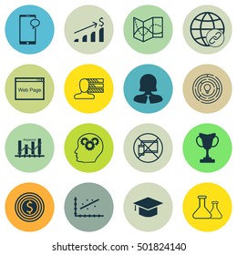 Set Of 16 Universal Editable Icons For Education, Management And Statistics Topics. Includes Icons Such As Keyword Optimisation, Business Woman, Chemical And More.