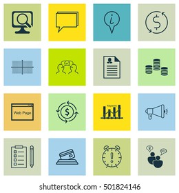 Set Of 16 Universal Editable Icons For Project Management, SEO And Transportation Topics. Includes Icons Such As Cooperation, Time Management, Square Diagram And More.
