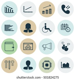 Set Of 16 Universal Editable Icons For Travel, Hr And Project Management Topics. Includes Icons Such As Coins Growth, Fail Graph, SEO Brainstorm And More.