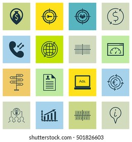 Set Of 16 Universal Editable Icons For Statistics, Management And SEO Topics. Includes Icons Such As Cellular Data, Money Trasnfer, Info Pointer And More.