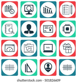 Set Of 16 Universal Editable Icons For Human Resources, Education And Traveling Topics. Includes Icons Such As Manager, Loading Speed, Appointment And More.