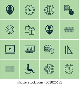 Set Of 16 Universal Editable Icons For Airport, Education And Statistics Topics. Includes Icons Such As Currency Recycle, Measurement, Time Management And More.