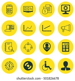 Set Of 16 Universal Editable Icons For Computer Hardware, Project Management And Statistics Topics. Includes Icons Such As Calculation, Pin Employee, Analysis And More.