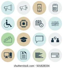 Set Of 16 Universal Editable Icons For Travel, Management And Transportation Topics. Includes Icons Such As Media Campaign, Line Up, Desktop Computer And More.