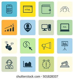 Set Of 16 Universal Editable Icons For Statistics, Marketing And Business Management Topics. Includes Icons Such As Presentation, Announcement, Digital Media And More.
