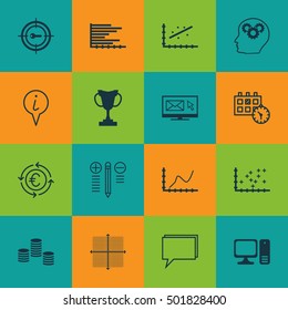 Set Of 16 Universal Editable Icons For SEO, Statistics And Project Management Topics. Includes Icons Such As Info Pointer, Decision Making, Tournament And More.