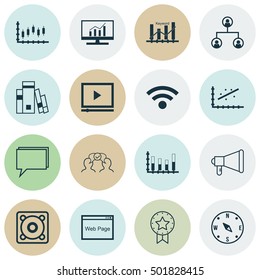Set Of 16 Universal Editable Icons For Statistics, Marketing And Computer Hardware Topics. Includes Icons Such As Present Badge, Tree Structure, Keyword Optimisation And More.