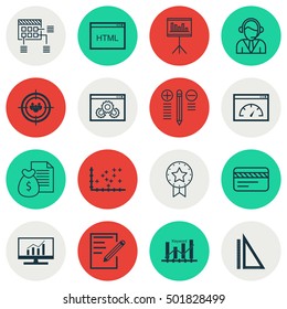 Set Of 16 Universal Editable Icons For Education, Marketing And Statistics Topics. Includes Icons Such As Keyword Optimisation, Presentation, Coding And More.