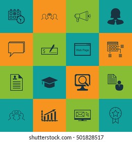 Set Of 16 Universal Editable Icons For Management, Travel And Computer Hardware Topics. Includes Icons Such As Media Campaign, Bank Payment, Conference And More.