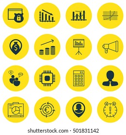 Set Of 16 Universal Editable Icons For Project Management, Management And Marketing Topics. Includes Icons Such As Presentation, Currency Recycle, Line Up And More.