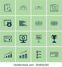 Set Of 16 Universal Editable Icons For Human Resources, Business Management And Statistics Topics. Includes Icons Such As Certificate, Successful Investment, PC And More.