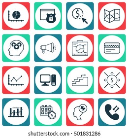 Set Of 16 Universal Editable Icons For Advertising, Transportation And Marketing Topics. Includes Icons Such As Desktop Computer, Human Mind, Road Map And More.