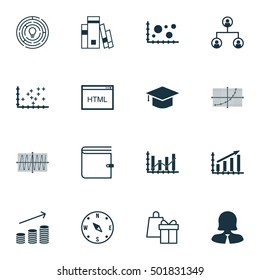 Set Of 16 Universal Editable Icons For Traveling, Transportation And School Topics. Includes Icons Such As Line Up, Coins Growth, Coding And More.