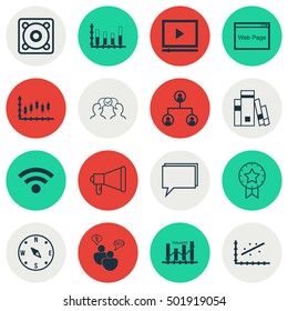 Set Of 16 Universal Editable Icons For Project Management, Management And Airport Topics. Includes Icons Such As SEO Brainstorm, Library, Conference And More.