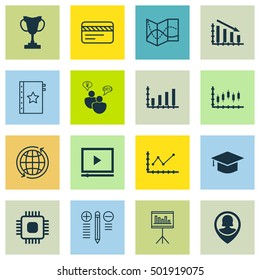 Set Of 16 Universal Editable Icons For Education, Project Management And Airport Topics. Includes Icons Such As Changes Graph, Chip, Pin Employee And More.