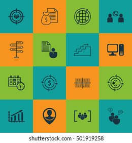 Set Of 16 Universal Editable Icons For Advertising, Computer Hardware And Tourism Topics. Includes Icons Such As Desktop Computer, SEO Brainstorm, Focus Group And More.