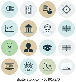 Set Of 16 Universal Editable Icons For Project Management, Marketing And Airport Topics. Includes Icons Such As Education Center, Innovation, Cosinus Diagram And More.