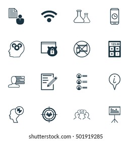 Set Of 16 Universal Editable Icons For Computer Hardware, Advertising And Travel Topics. Includes Icons Such As Human Mind, Info Pointer, Forbidden Mobile And More.