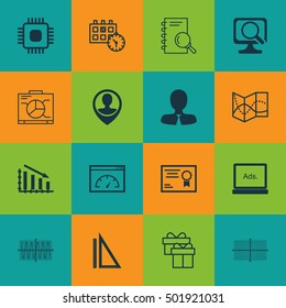 Set Of 16 Universal Editable Icons For Education, Management And Travel Topics. Includes Icons Such As Certificate, Analysis, Square Diagram And More.