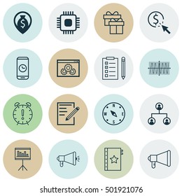 Set Of 16 Universal Editable Icons For Human Resources, Management And Advertising Topics. Includes Icons Such As Media Campaign, Reminder, Announcement And More.