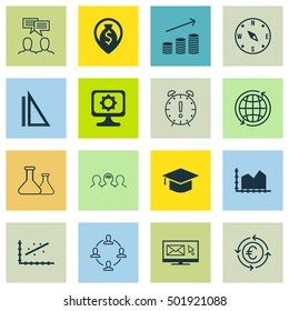 Set Of 16 Universal Editable Icons For Transportation, Project Management And School Topics. Includes Icons Such As Analytics, Time Management, PC And More.