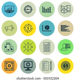Set Of 16 Universal Editable Icons For SEO, Statistics And Computer Hardware Topics. Includes Icons Such As Music, Market Research, Library And More.