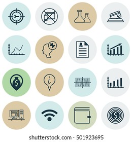 Set Of 16 Universal Editable Icons For Advertising, Hr And Computer Hardware Topics. Includes Icons Such As Human Mind, Credit Card, Cosinus Diagram And More.
